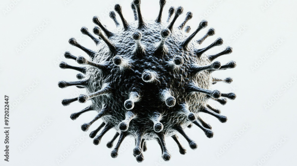 Poster close-up of a virus particle with spikes on a clean background, room for copy.