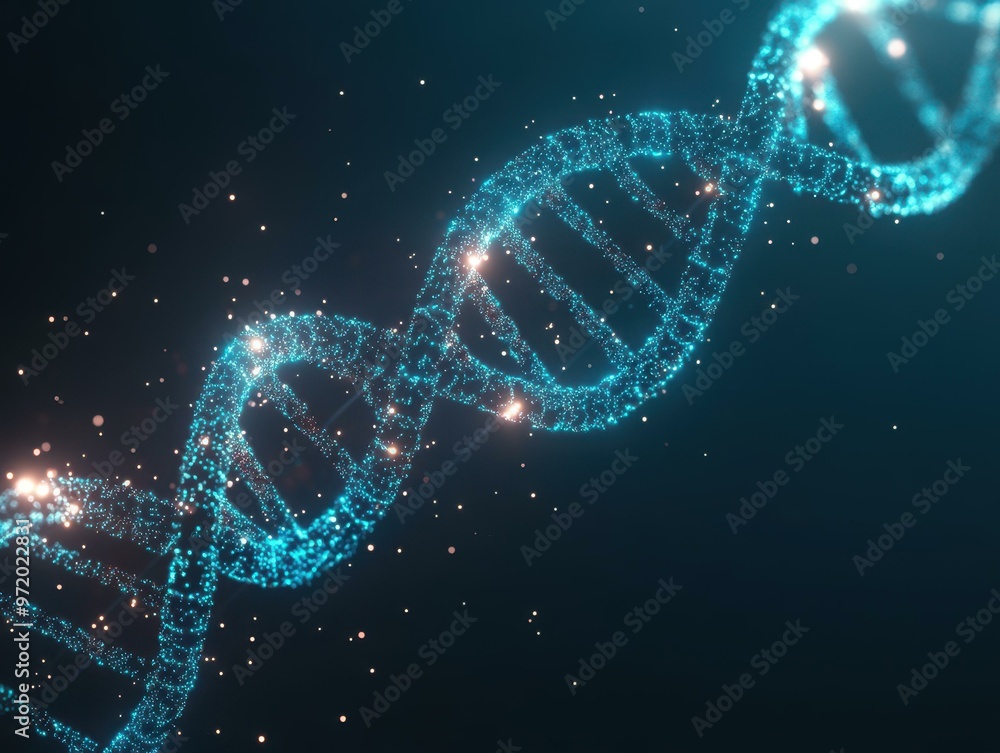 Poster create a stunning image of a metallic dna helix, illuminated with glowing circuits and energy that c