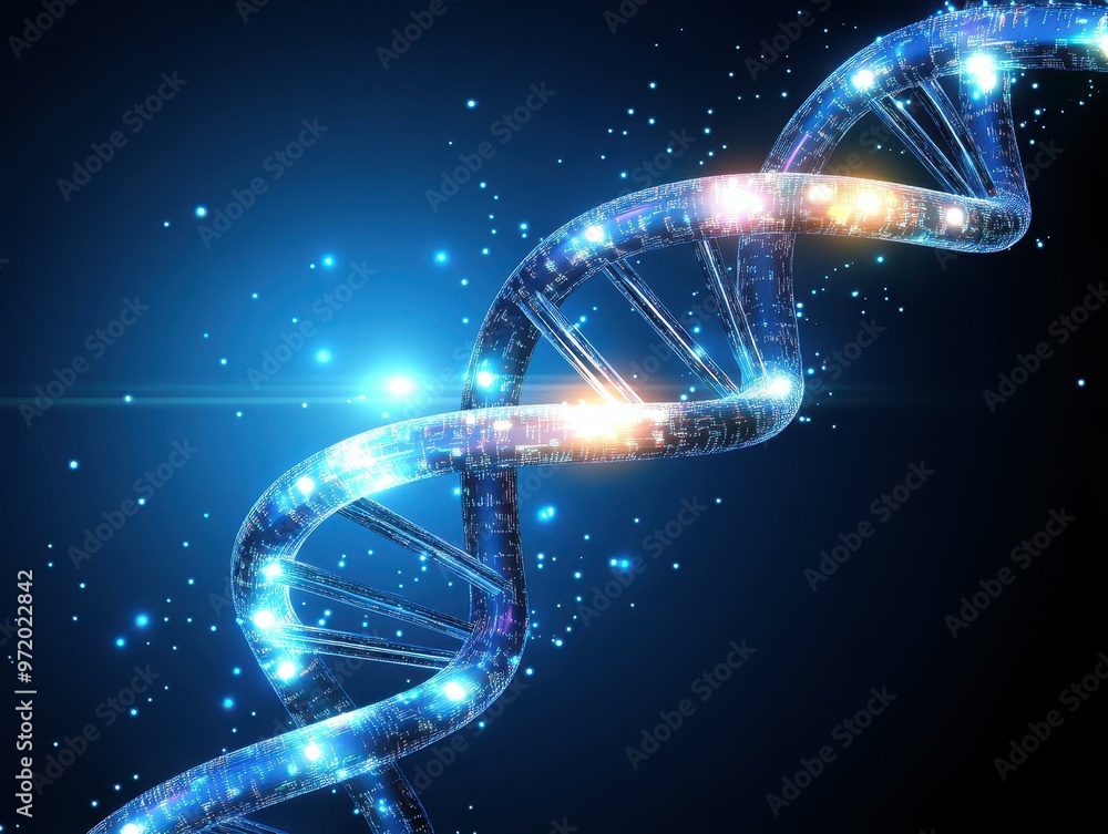 Poster create a stunning image of a metallic dna helix, illuminated with glowing circuits and energy that c