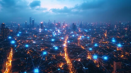 Obraz premium Aerial view of a tech-driven city at night, where illuminated data streams link mobile devices, homes, and business hubs. The vibrant neon lines form a complex web of communication across the skyline,