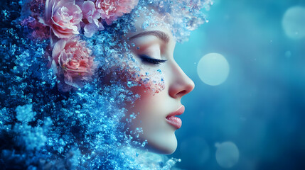 Woman With Frozen Flowers and Ice Crystals