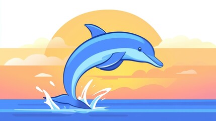 A sleek dolphin leaps in a minimalist design, showcasing clean lines and simple forms in a vibrant flat style.