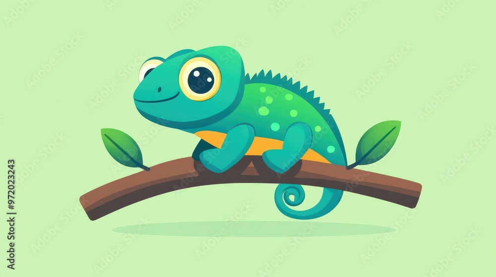 Poster a minimalist chameleon sits on a twig, designed in a clean, vector style with a simple, charming app