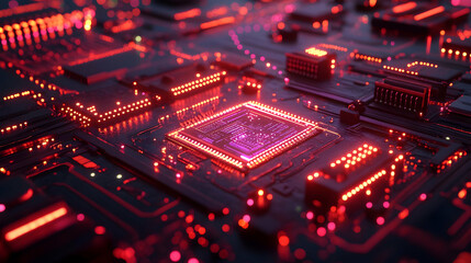 Obraz premium Red Glowing Circuit Board with Processor