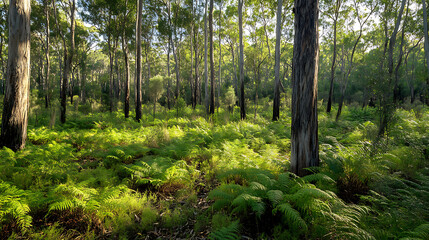 Obraz premium A bushland area with native ferns and undergrowth plants thriving in the shade of tall Australian gum trees 