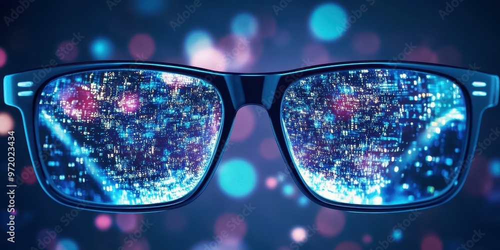 Poster discover innovative reading glasses that blend style with technology, displaying holograms for an en