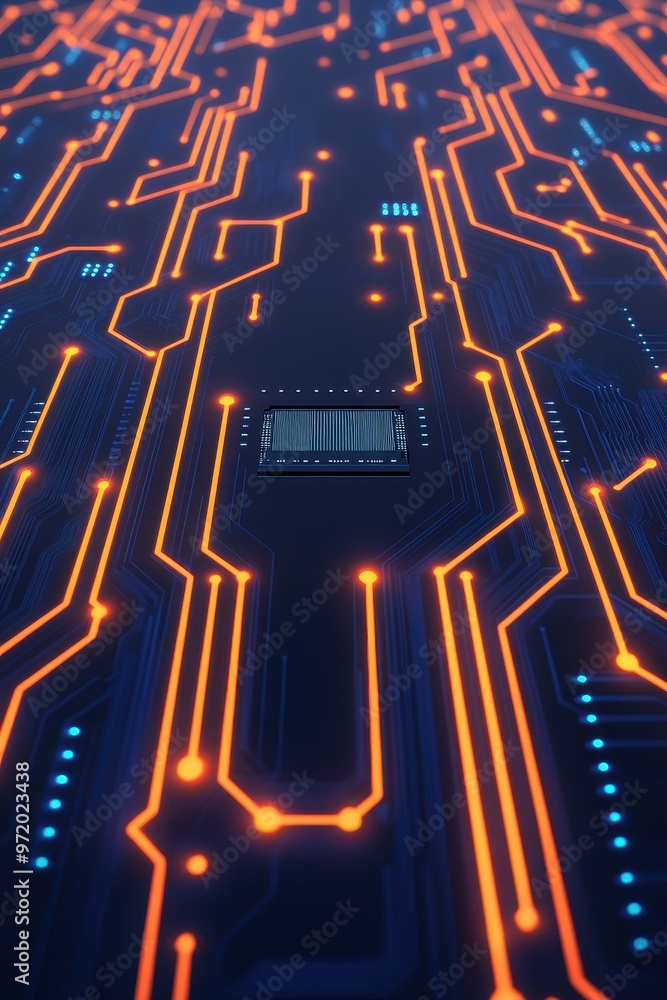 Aufkleber a sleek futuristic scene with glowing computer chips and a highway on a dark circuit board, radiatin