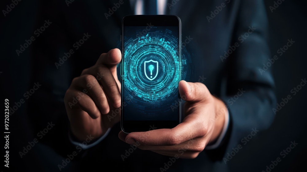 Poster a businessman secures his mobile banking with biometrics, utilizing fingerprint scan and face id for