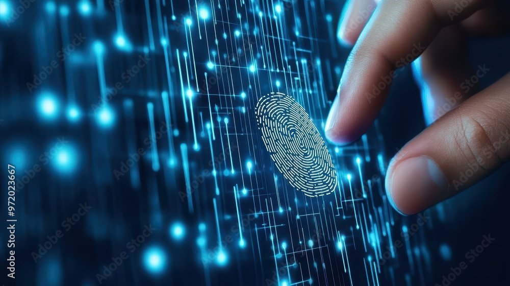 Poster a businessman effortlessly uses mobile digital banking with fingerprint authentication, highlighting