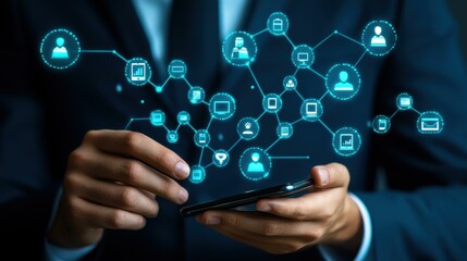 Obraz premium Modern businessman leveraging smartphone for effective digital marketing and lead generation in a streamlined business setting.