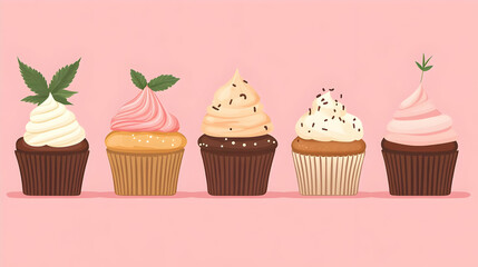 Colorful Cupcakes with Sprinkles and Frosting on Pink Background