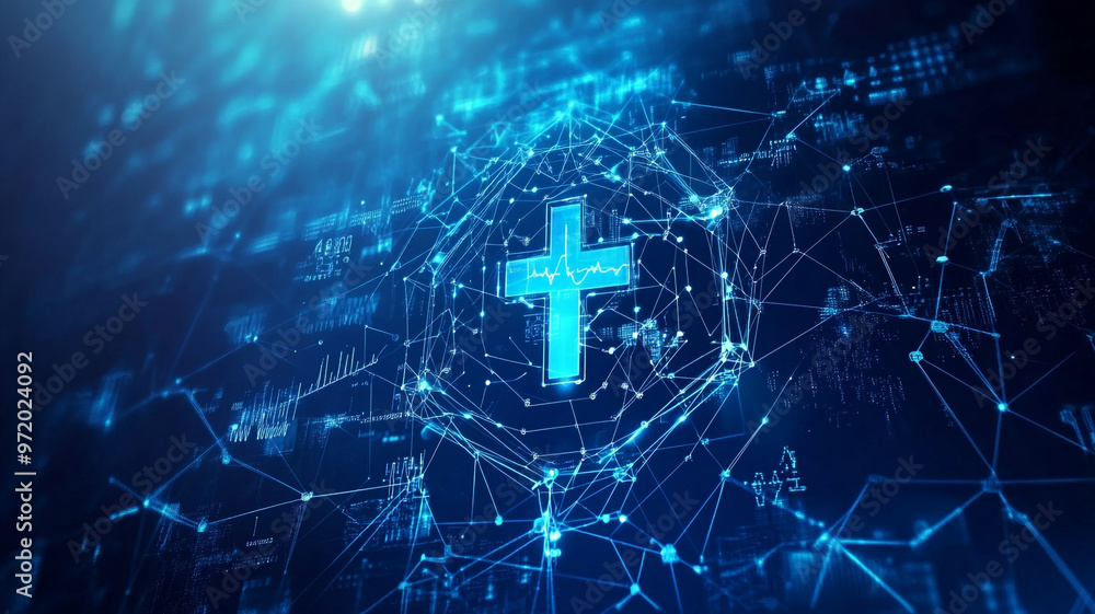 Poster digital illustration of a cross symbol intertwined with data and technology in a futuristic setting