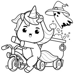 Halloween coloring page with unicorn for kids