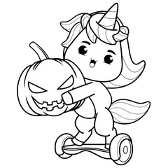 Halloween coloring page with unicorn for kids