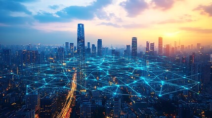 Fototapeta premium Futuristic smart city at dusk, with a glowing network of neon blue and green communication lines flowing between skyscrapers, smart roads, and transport hubs.