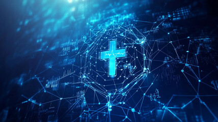Obraz premium Digital illustration of a cross symbol intertwined with data and technology in a futuristic setting