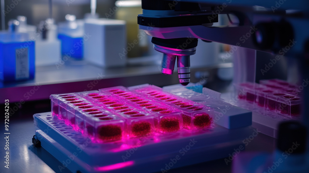 Poster innovative scientists using ai to monitor cell growth in laboratory setting, showcasing advanced tec