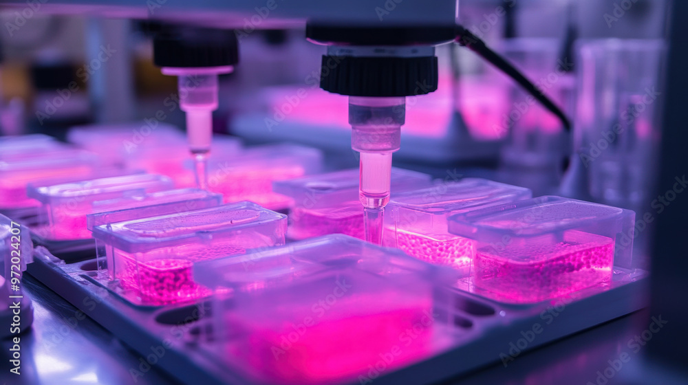 Poster innovative scientists using ai to monitor cell growth in bioengineering labs, showcasing advanced te