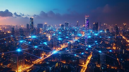 Fototapeta premium Nighttime view of a futuristic city, its illuminated skyline connected by neon blue and purple communication lines weaving between buildings and transportation hubs.