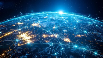 The Earth from space at night, with glowing data lines connecting major global cities across continents, forming a digital web of communication. The neon lights pulse across the planet,