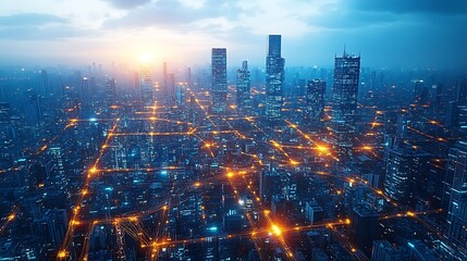 Top-down view of a futuristic neon city with glowing pathways connecting smart infrastructure and tall glass skyscrapers. The vibrant data streams pulse through the city, creating a network of light,