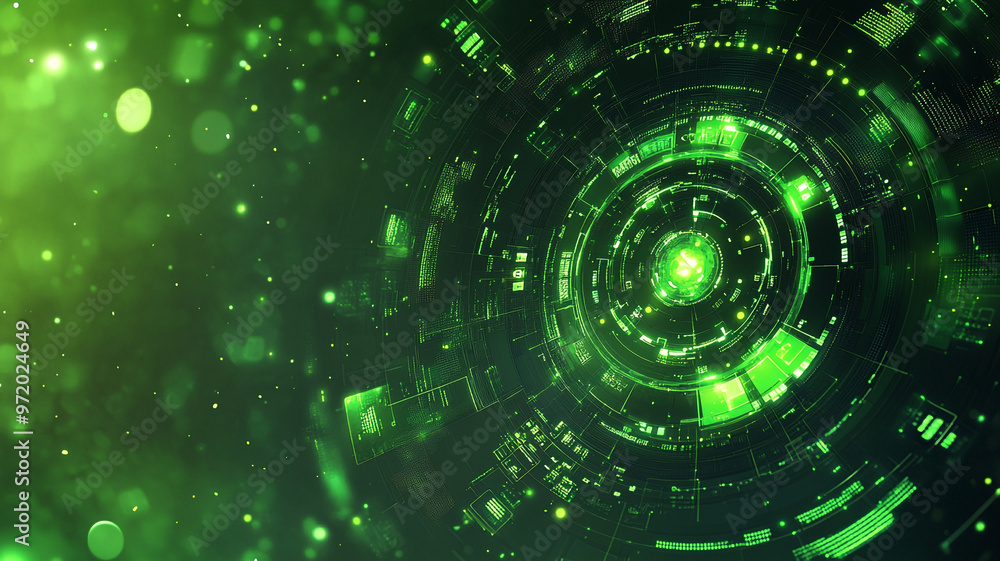 Poster vibrant green digital abstract illustration with circular patterns and glowing elements