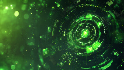 Fototapeta premium Vibrant green digital abstract illustration with circular patterns and glowing elements