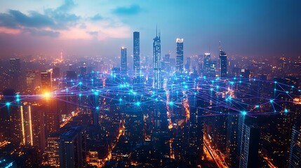 Fototapeta premium A bird’s-eye view of a city at night, pulsing with blue and purple neon lines representing the flow of data and communication. The vibrant network connects skyscrapers and streets,