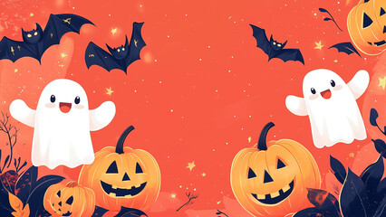 Halloween scene with cute white ghosts Jack o Lanterns and bats