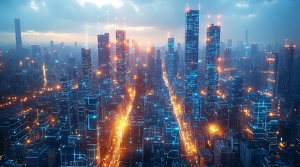 Fototapeta premium A bird's-eye view of a futuristic city controlled by artificial intelligence, where glowing neon data circuits run through every building and street.