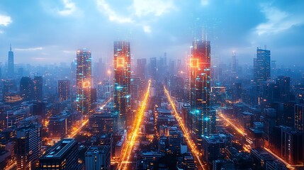 Fototapeta premium A bird's-eye view of a futuristic city controlled by artificial intelligence, where glowing neon data circuits run through every building and street.
