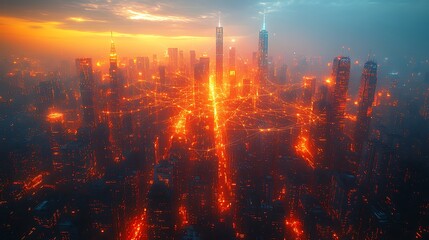 Fototapeta premium A bird’s-eye view of a tech-driven city glowing with digital energy, with communication lines visibly connecting smart infrastructure and skyscrapers.