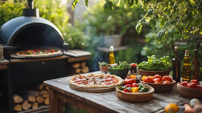 Cozy backyard scene with a stone pizza oven and BBQ grill in use, a wooden table with fresh vegetables, tomatoes, basil, and olive oil in rustic bowls - Powered by Adobe