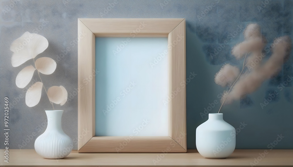 Poster 3d rendering of an empty picture frame in a small room.