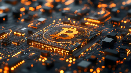Fototapeta premium Bitcoin Cryptocurrency Symbol on Circuit Board