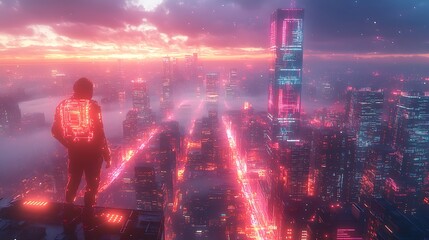 Obraz premium A cyberpunk city at twilight, where neon-lit pathways symbolizing data flow between skyscrapers create a glowing web over the metropolis. The vibrant pinks and blues shine across reflective buildings,