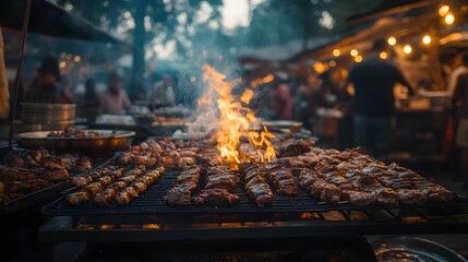 Evening festival in a rustic town, food vendors grilling meats, the air thick with BBQ smoke, crowds mingling with plates full of grilled delicacies