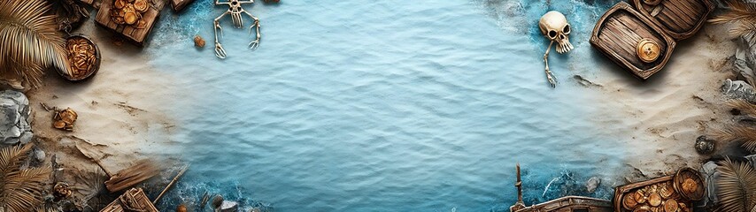 Obraz premium Mystical Pirate Shipwreck: Aerial View of Treasure Chests, Skeletons, and Clarity in Watercolor Style