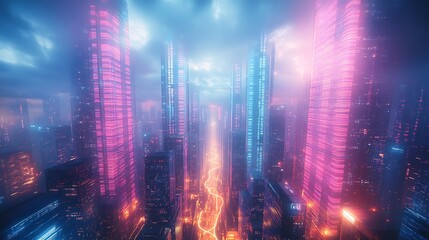 Obraz premium A cyberpunk metropolis illuminated by glowing neon pathways connecting skyscrapers, symbolizing data flow. The vibrant reflections of pink, blue,