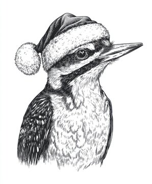 recommend clip art: Black and white Vintage engraved art of a Woodpecker wearing a Christmas Santa hat, isolated on white background, ink sketch illustration, simple vector art design, highly detailed line art