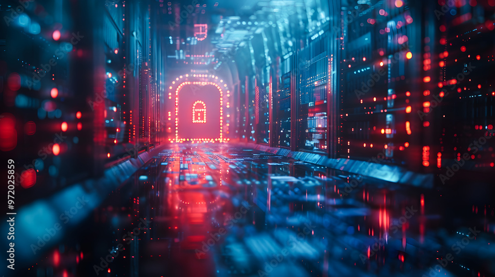 Poster cyber security, data protection, cyberattacks concept on blue background. database security software