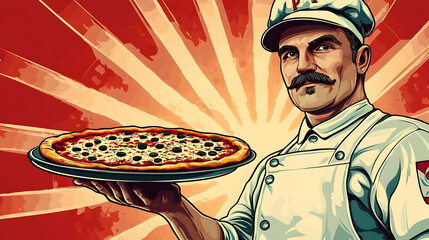 Pizza Chef Holding Delicious Pizza with Olives and Cheese