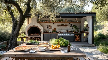 Garden-inspired outdoor kitchen, pizza oven with a nearby smoking grill, rustic table loaded with fresh produce, herbs, and artisanal olive oil