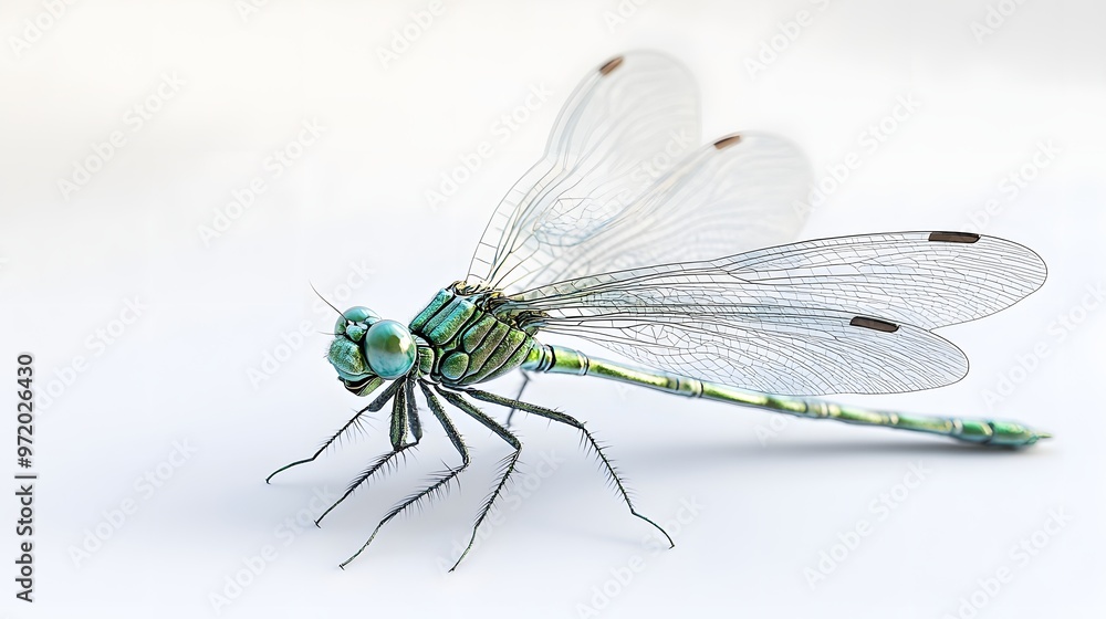 Poster 90. a close-up 3d render of a delicate green dragonfly with shimmering wings, isolated on a pristine