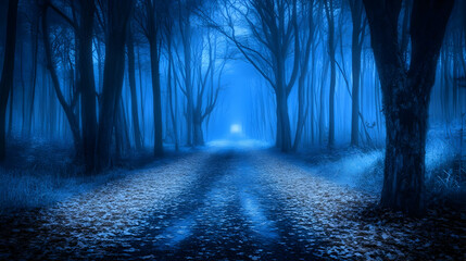 Naklejka premium Mystical Blue Forest Path with Fog