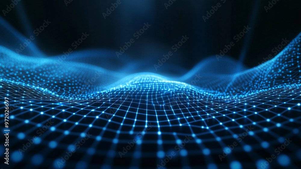 Poster blue grid pattern with digital waves on a dark background illustrating tech concepts