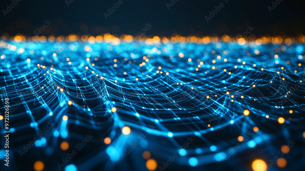 Fototapete Digital network waves illuminated with blue lights in a futuristic abstract setting