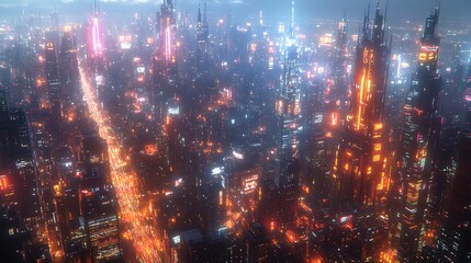 Obraz premium A dynamic high-tech city glowing at night, with communication hubs emitting pulses of light as data flows through the urban network. The streets and skyscrapers light up with vibrant neon colors,