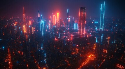 Fototapeta premium A futuristic aerial view of a smart cityscape at night, illuminated by vibrant neon communication lines connecting sleek skyscrapers and advanced transportation systems, reflecting on glass facades.