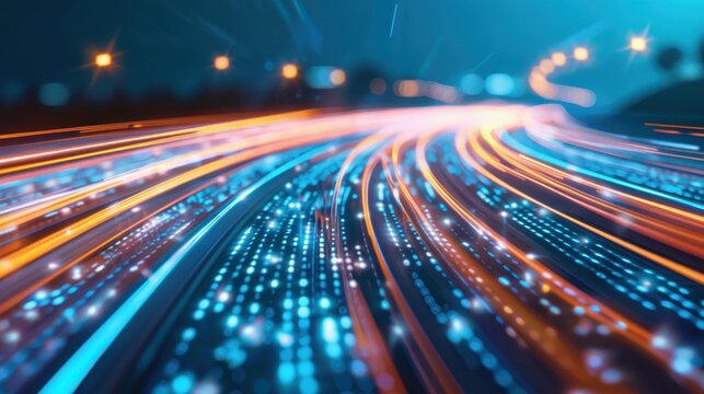 Digital Data Flow, an abstract visualization depicting vibrant streams of information traveling along a futuristic highway, symbolizing the dynamic nature of the digital age.